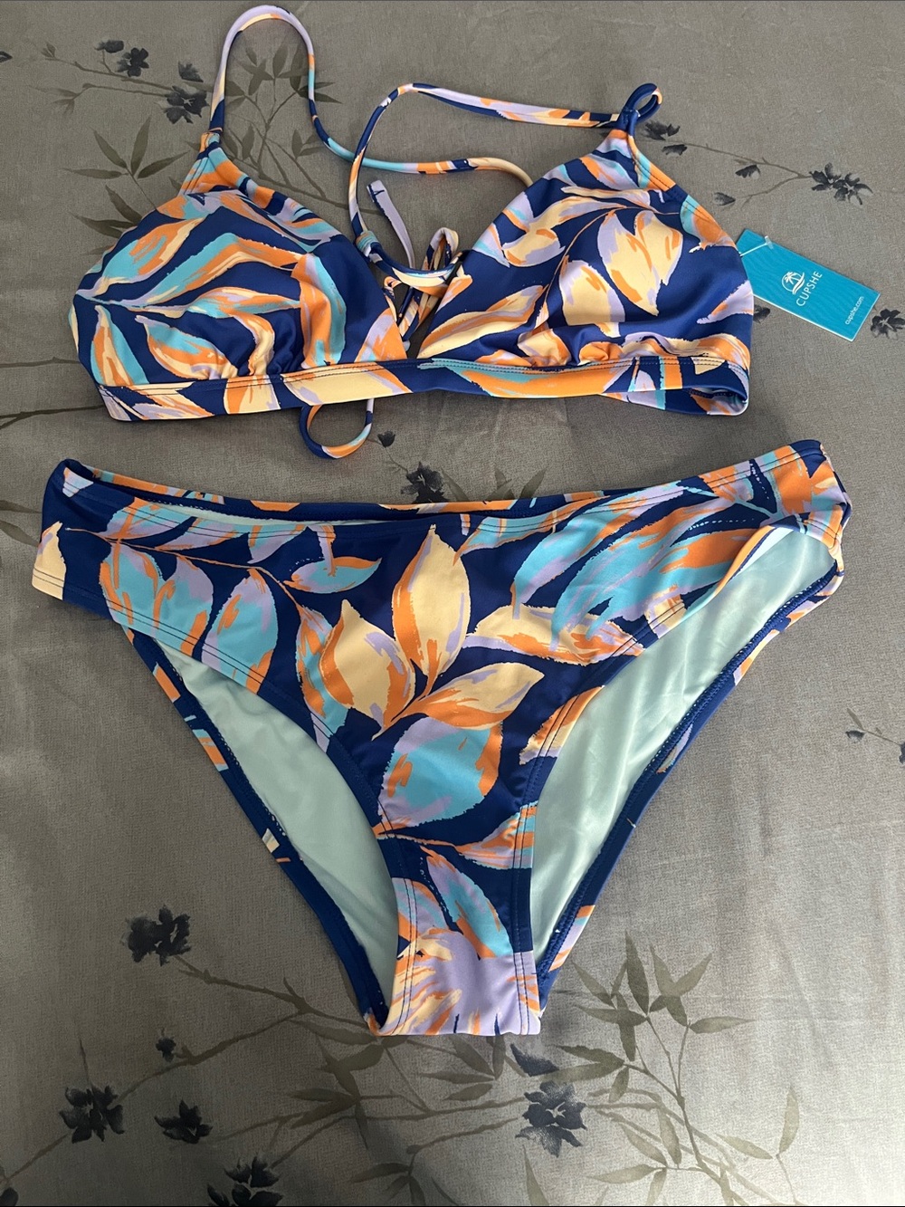 Cupshe Navy Floral Bikini Set with Orange and Light Blue Leaves